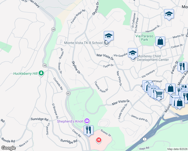 map of restaurants, bars, coffee shops, grocery stores, and more near 11 Crandall Road in Monterey