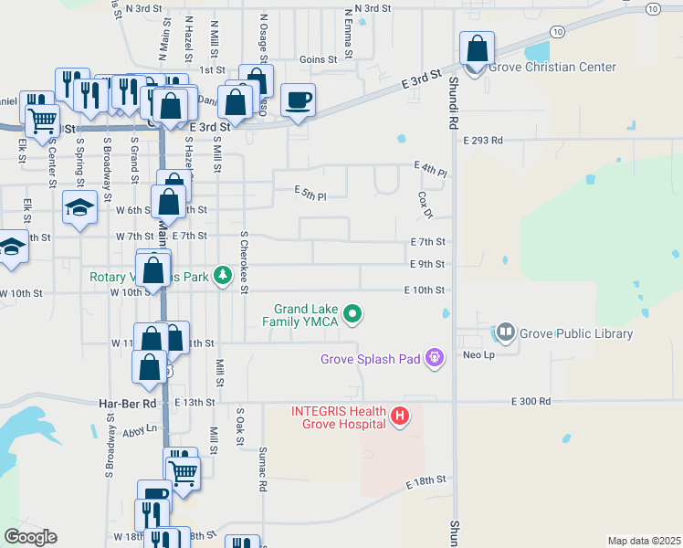 map of restaurants, bars, coffee shops, grocery stores, and more near 604 East 9th Street in Grove