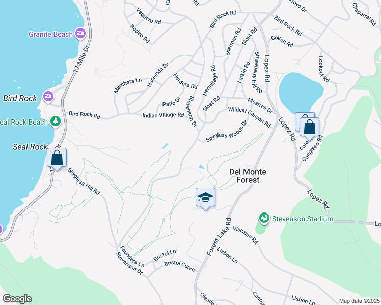 map of restaurants, bars, coffee shops, grocery stores, and more near 3159 Stevenson Drive in Del Monte Forest