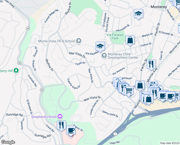 map of restaurants, bars, coffee shops, grocery stores, and more near Mar Vista Drive in Monterey