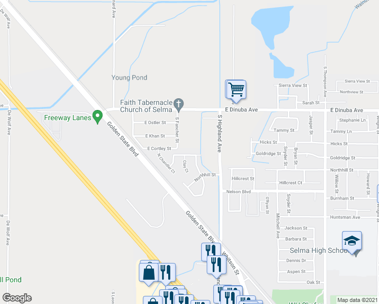 map of restaurants, bars, coffee shops, grocery stores, and more near 3124 Goldridge Street in Selma