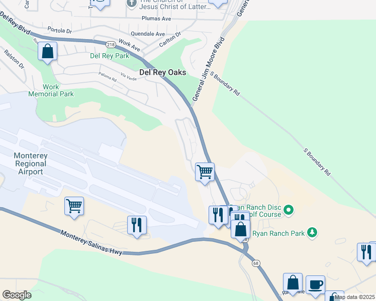 map of restaurants, bars, coffee shops, grocery stores, and more near 710 Pheasant Ridge Road in Del Rey Oaks