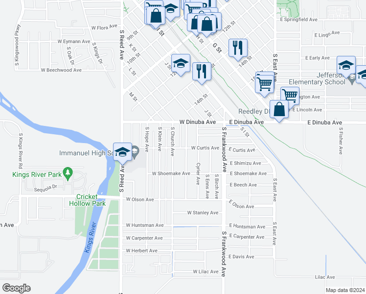 map of restaurants, bars, coffee shops, grocery stores, and more near 1079 South Rupert Avenue in Reedley