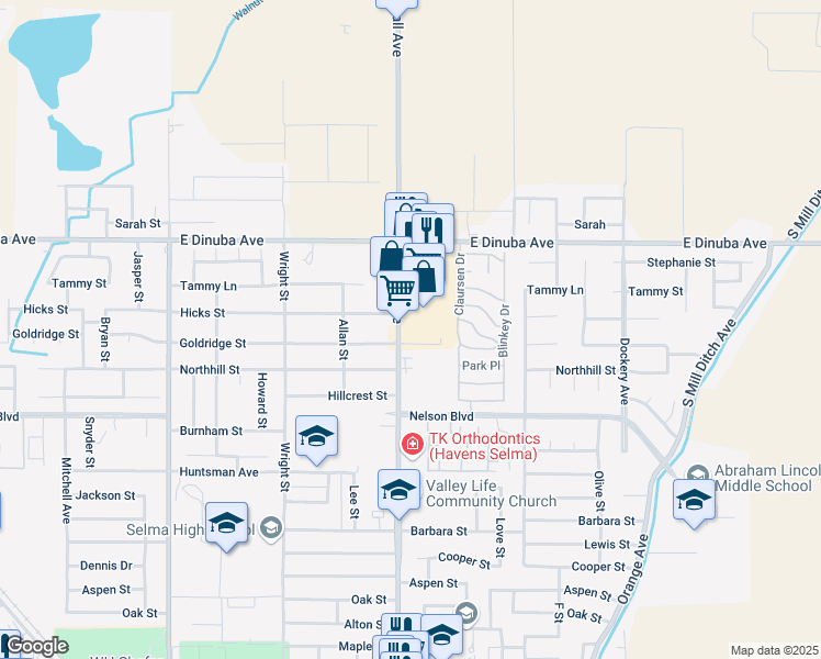 map of restaurants, bars, coffee shops, grocery stores, and more near 3700 McCall Avenue in Selma