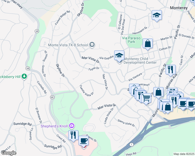 map of restaurants, bars, coffee shops, grocery stores, and more near 20 Cuesta Vista Drive in Monterey