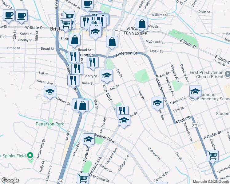 map of restaurants, bars, coffee shops, grocery stores, and more near 612 Alabama St in Bristol