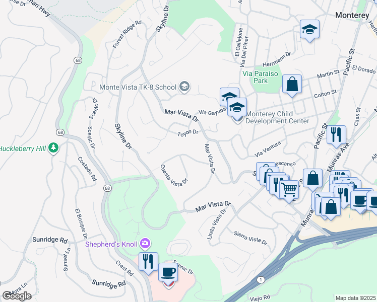 map of restaurants, bars, coffee shops, grocery stores, and more near 20 Cuesta Vista Drive in Monterey