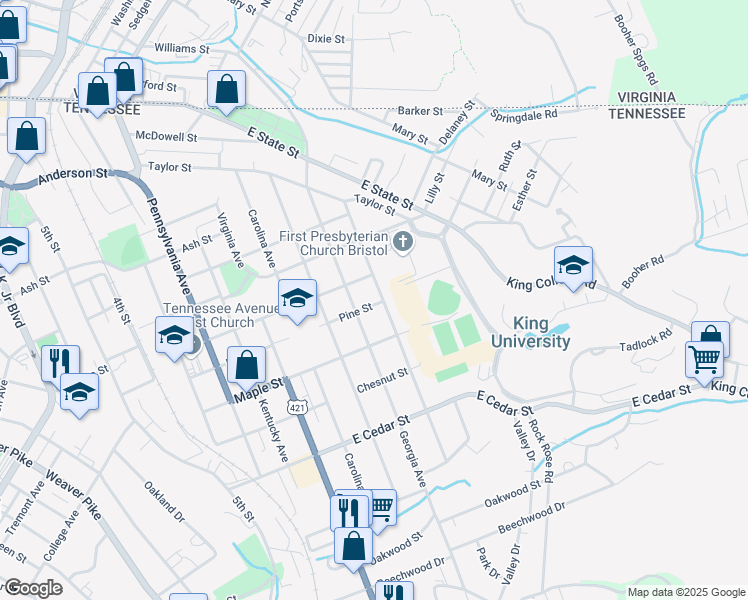 map of restaurants, bars, coffee shops, grocery stores, and more near 901 Florida Avenue in Bristol