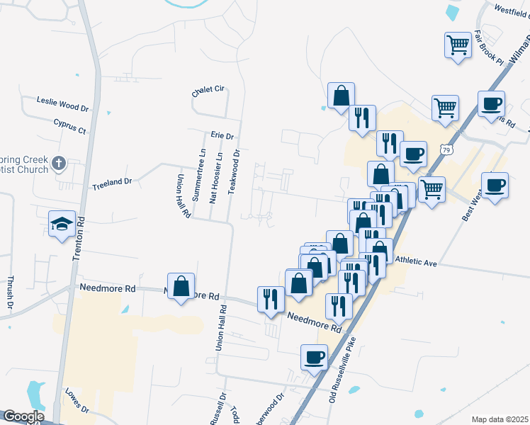 map of restaurants, bars, coffee shops, grocery stores, and more near 2820 Cobalt Drive in Clarksville