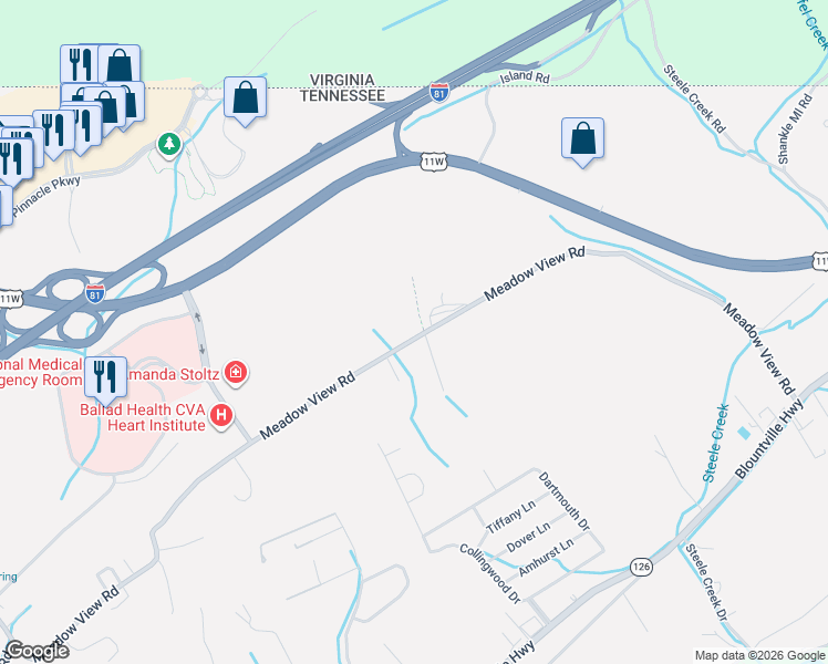 map of restaurants, bars, coffee shops, grocery stores, and more near 520 Meadow View Road in Bristol