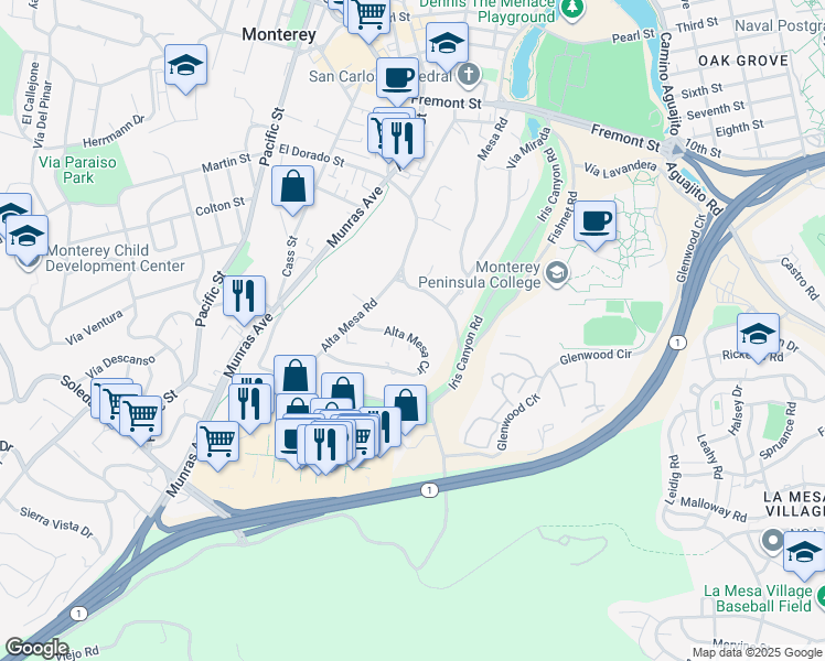 map of restaurants, bars, coffee shops, grocery stores, and more near 33 Alta Mesa Circle in Monterey