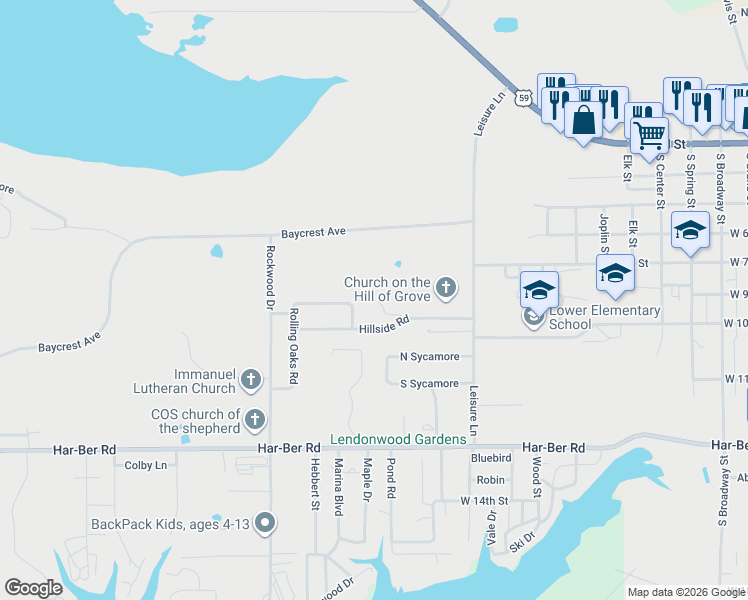 map of restaurants, bars, coffee shops, grocery stores, and more near 1100 Wesley Court in Grove