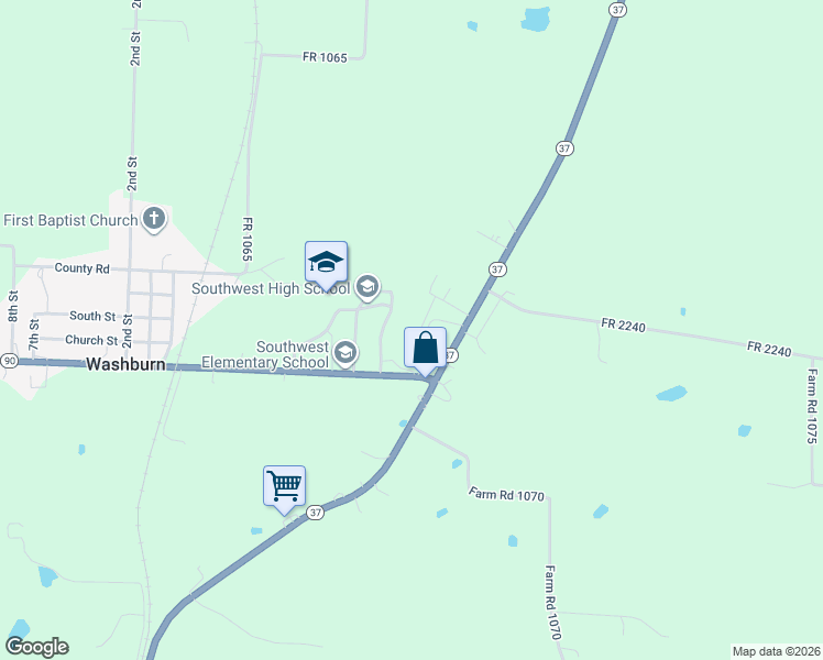 map of restaurants, bars, coffee shops, grocery stores, and more near 131 Elm Street in Washburn