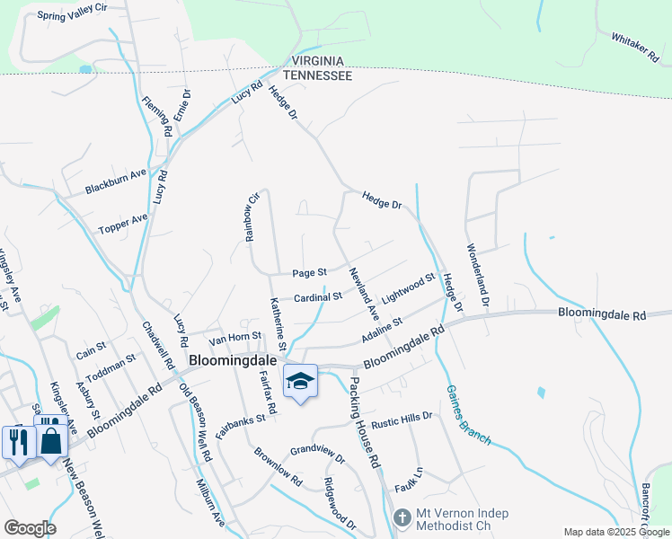 map of restaurants, bars, coffee shops, grocery stores, and more near Page Street in Kingsport