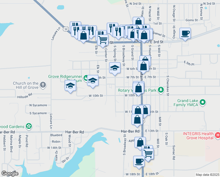 map of restaurants, bars, coffee shops, grocery stores, and more near 320 8th Street in Grove