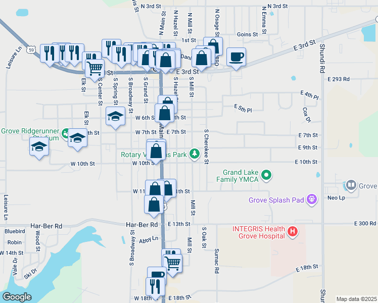 map of restaurants, bars, coffee shops, grocery stores, and more near 900 South Mill Street in Grove