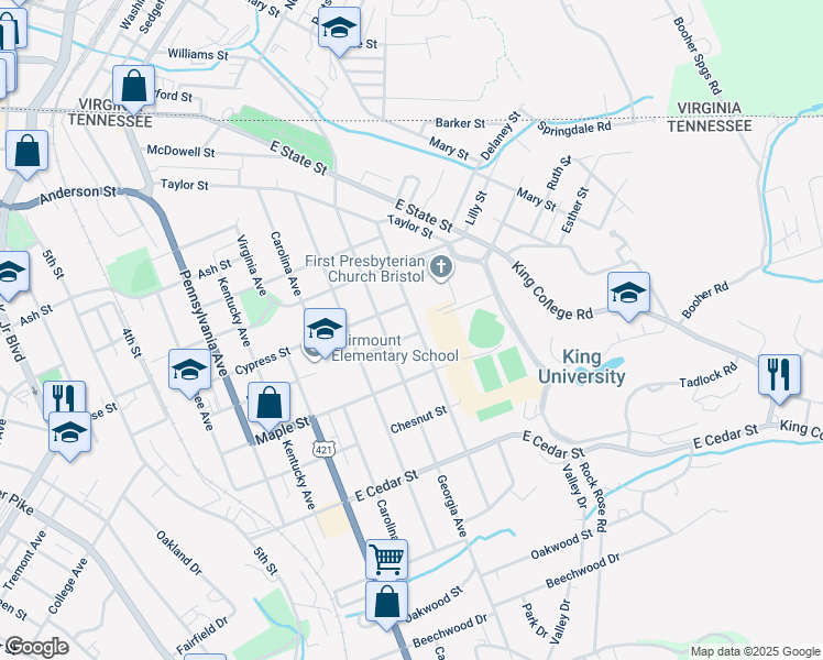 map of restaurants, bars, coffee shops, grocery stores, and more near 901 Florida Avenue in Bristol