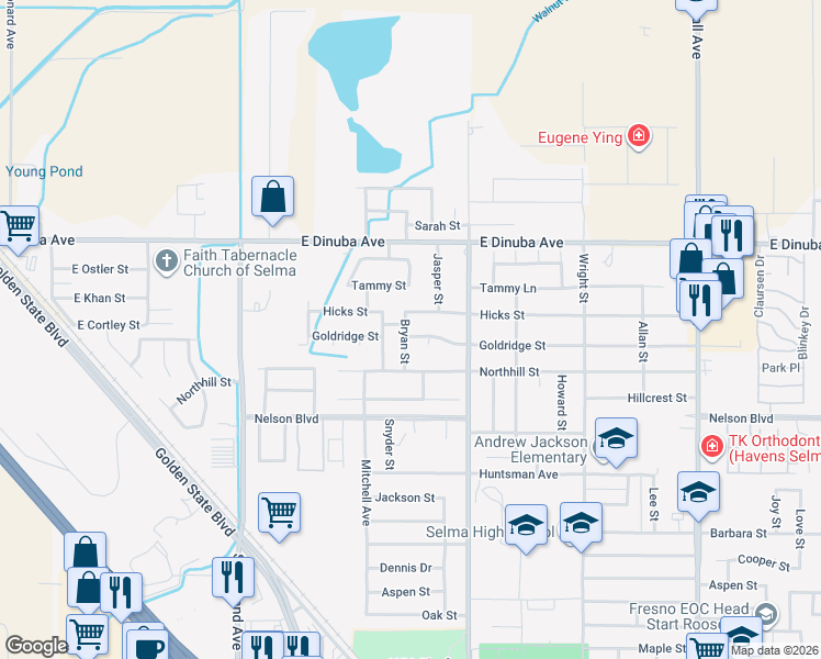 map of restaurants, bars, coffee shops, grocery stores, and more near 2612 Goldridge Street in Selma