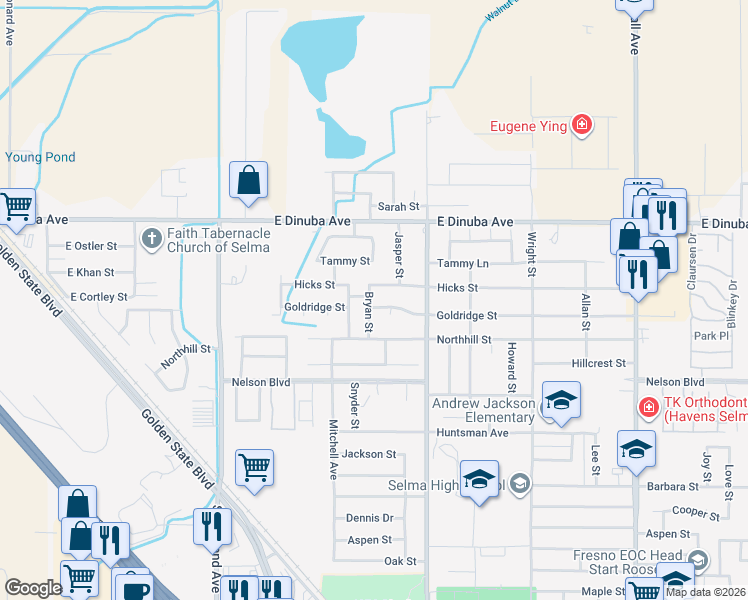 map of restaurants, bars, coffee shops, grocery stores, and more near 2612 Goldridge Street in Selma