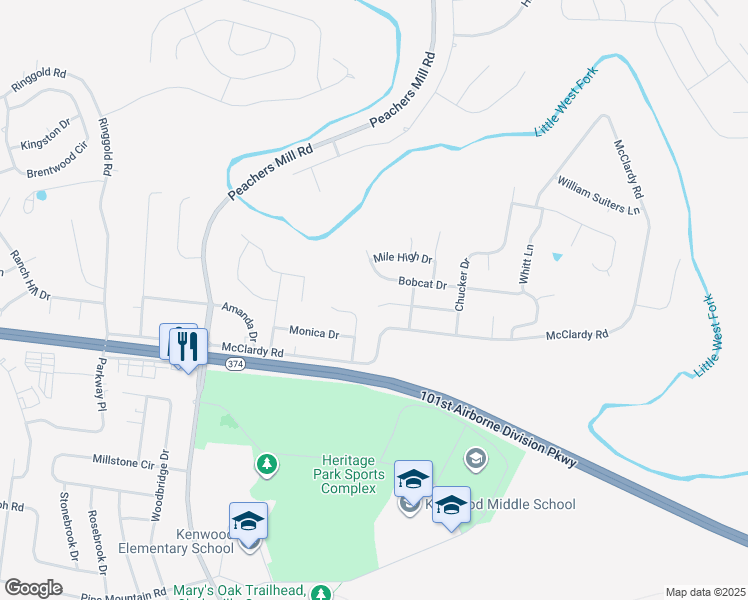 map of restaurants, bars, coffee shops, grocery stores, and more near 1031 East Monica Drive in Clarksville