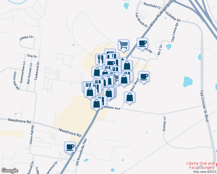 map of restaurants, bars, coffee shops, grocery stores, and more near Wilma Rudolph Blvd & Terminal Rd in Clarksville