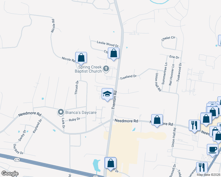 map of restaurants, bars, coffee shops, grocery stores, and more near 2740 Trenton Road in Clarksville