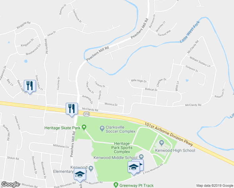 map of restaurants, bars, coffee shops, grocery stores, and more near 1321 Jared Ray Drive in Clarksville