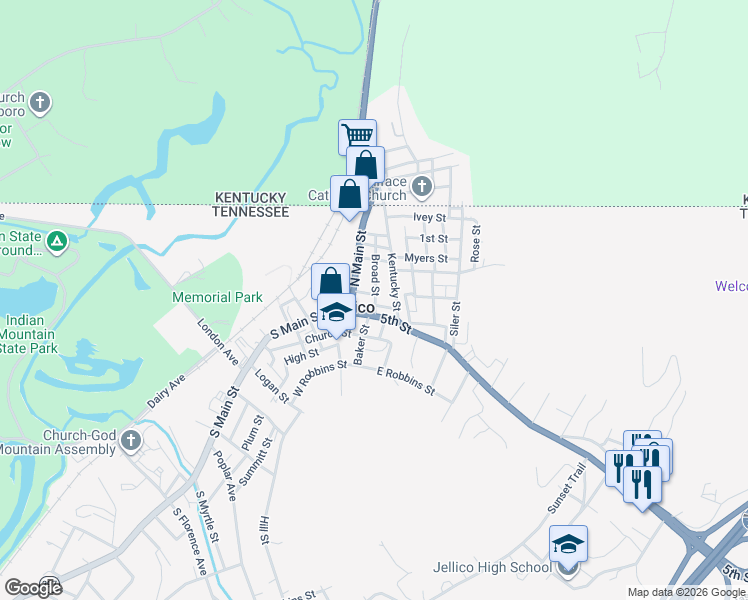 map of restaurants, bars, coffee shops, grocery stores, and more near 100 5th Street in Jellico