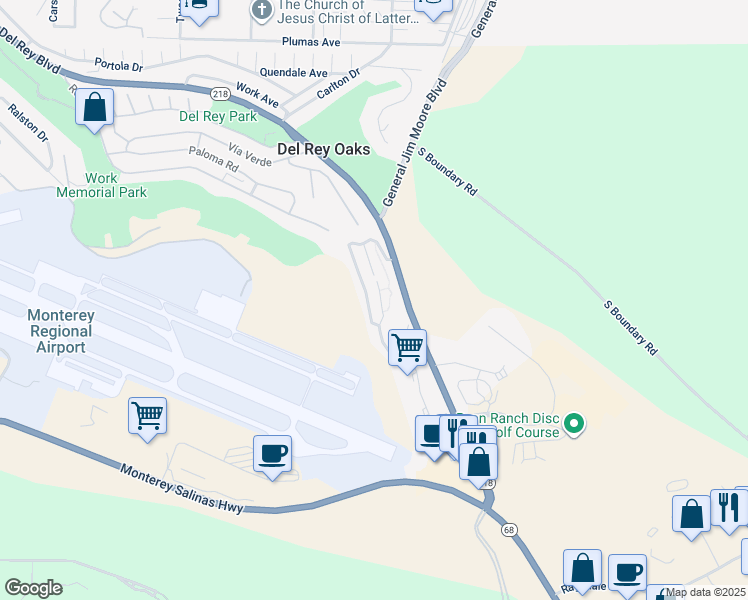 map of restaurants, bars, coffee shops, grocery stores, and more near 642 Pheasant Ridge Road in Del Rey Oaks