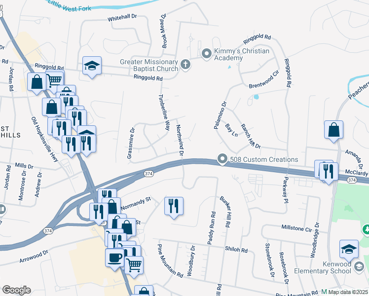 map of restaurants, bars, coffee shops, grocery stores, and more near 1807 Northwind Drive in Clarksville