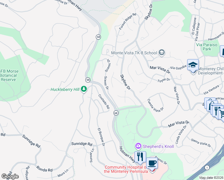 map of restaurants, bars, coffee shops, grocery stores, and more near 10 Wyndemere Vale in Monterey