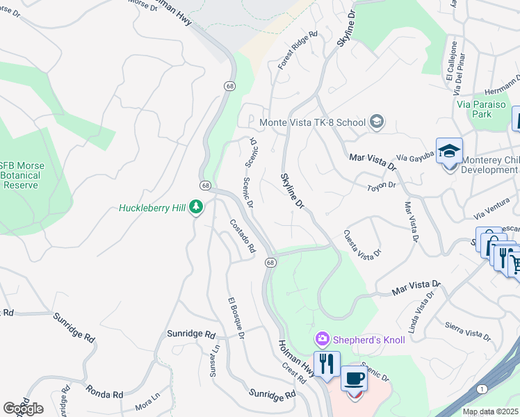 map of restaurants, bars, coffee shops, grocery stores, and more near 10 Wyndemere Vale in Monterey