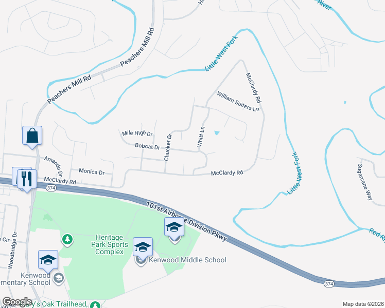 map of restaurants, bars, coffee shops, grocery stores, and more near 1088 Bobcat Drive in Clarksville