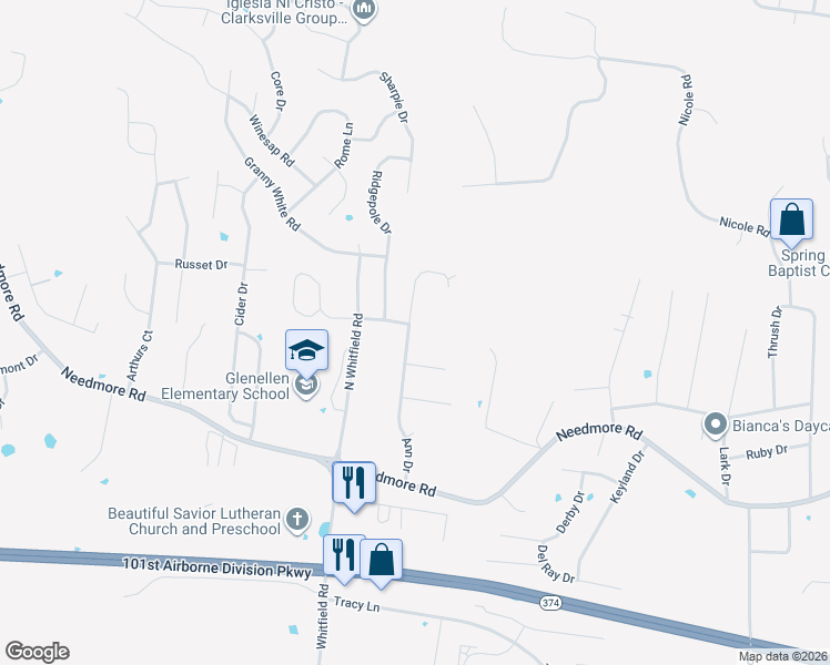 map of restaurants, bars, coffee shops, grocery stores, and more near 2755 Ann Drive in Clarksville