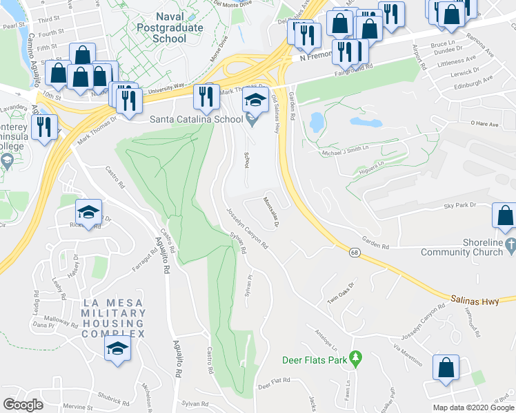 map of restaurants, bars, coffee shops, grocery stores, and more near 89 Montsalas Drive in Monterey