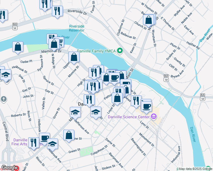 map of restaurants, bars, coffee shops, grocery stores, and more near 410 Main Street in Danville