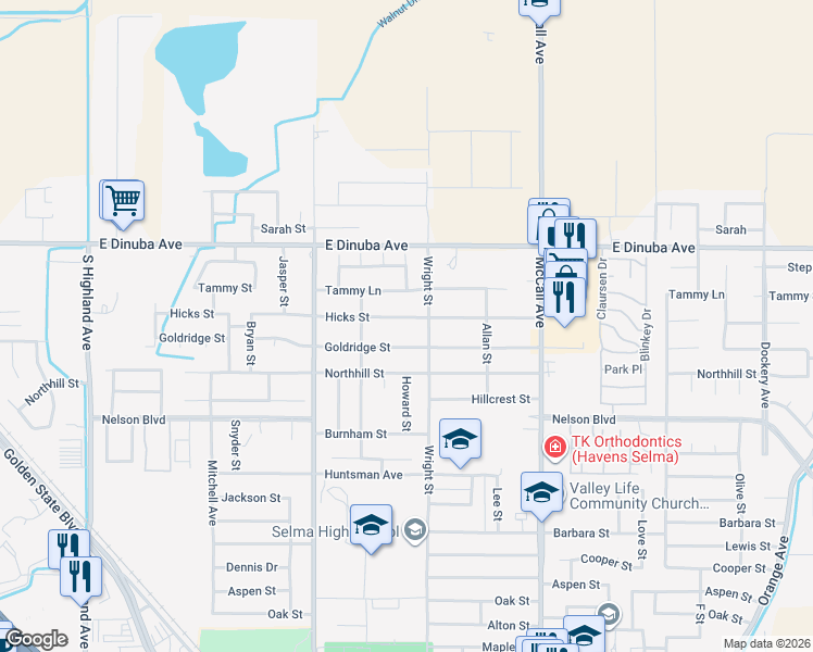 map of restaurants, bars, coffee shops, grocery stores, and more near 2328 Goldridge Street in Selma