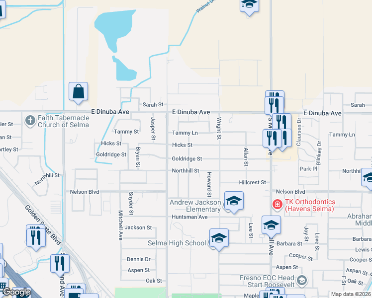 map of restaurants, bars, coffee shops, grocery stores, and more near 3716 Gaynor Street in Selma