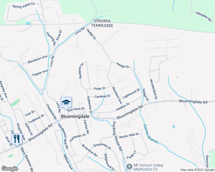 map of restaurants, bars, coffee shops, grocery stores, and more near Page Street in Kingsport