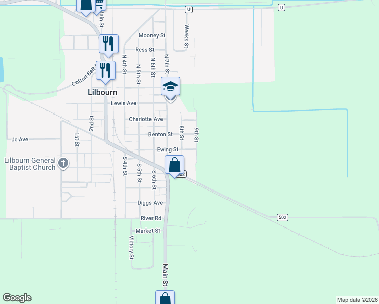 map of restaurants, bars, coffee shops, grocery stores, and more near 314-328 8th Street in Lilbourn