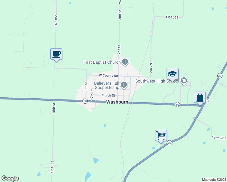 map of restaurants, bars, coffee shops, grocery stores, and more near Church Street in Washburn