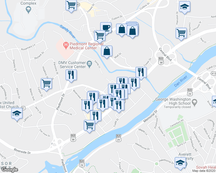 map of restaurants, bars, coffee shops, grocery stores, and more near 17 Pleasantview Avenue in Danville