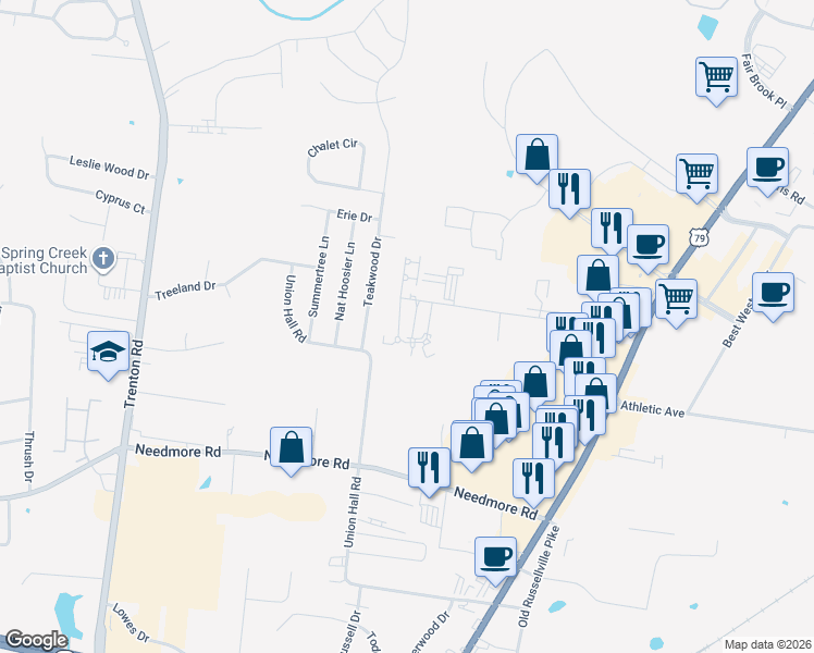 map of restaurants, bars, coffee shops, grocery stores, and more near 2824 Cobalt Drive in Clarksville