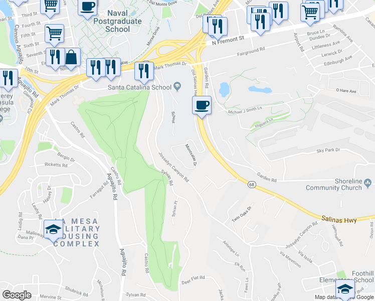 map of restaurants, bars, coffee shops, grocery stores, and more near 61 Montsalas Drive in Monterey