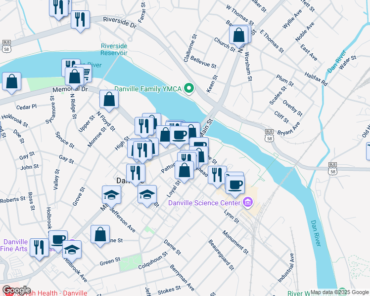 map of restaurants, bars, coffee shops, grocery stores, and more near 231 Memorial Drive in Danville