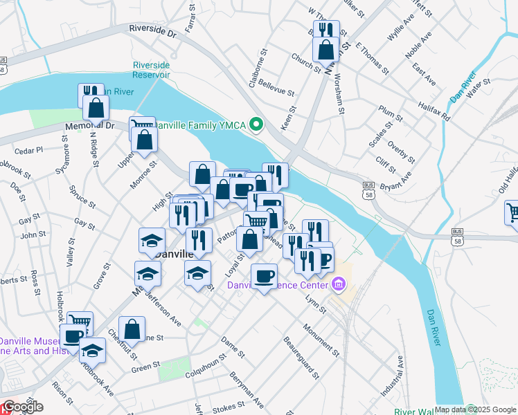 map of restaurants, bars, coffee shops, grocery stores, and more near 215 Main Street in Danville