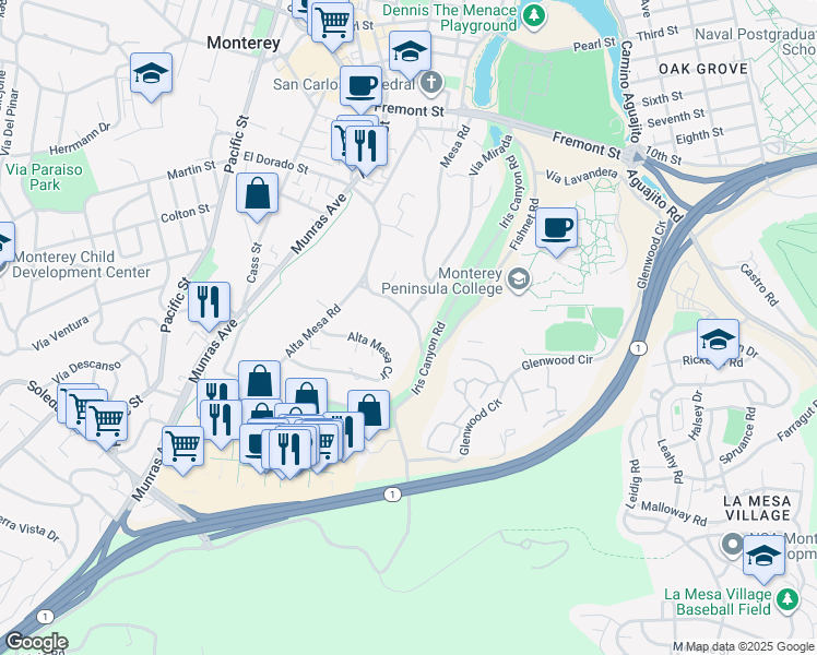 map of restaurants, bars, coffee shops, grocery stores, and more near 680 El Dorado Street in Monterey