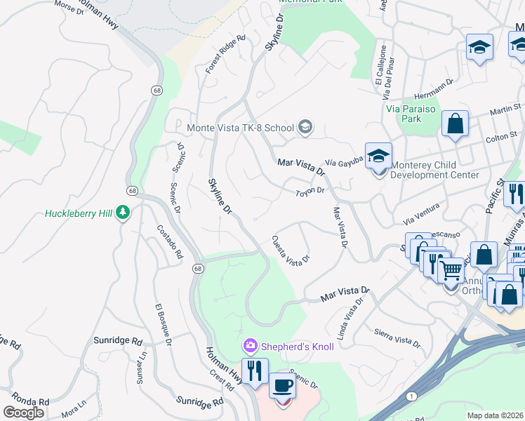 map of restaurants, bars, coffee shops, grocery stores, and more near 11 Crandall Road in Monterey