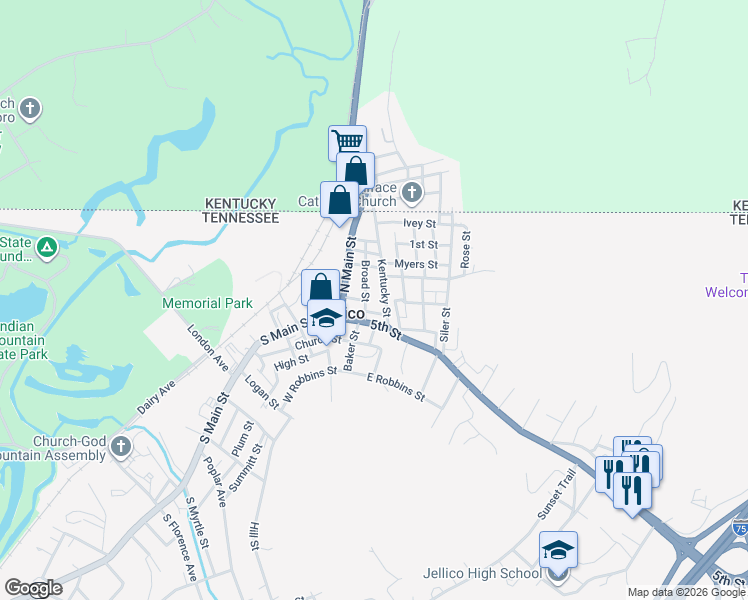 map of restaurants, bars, coffee shops, grocery stores, and more near 222 Broad Street in Jellico
