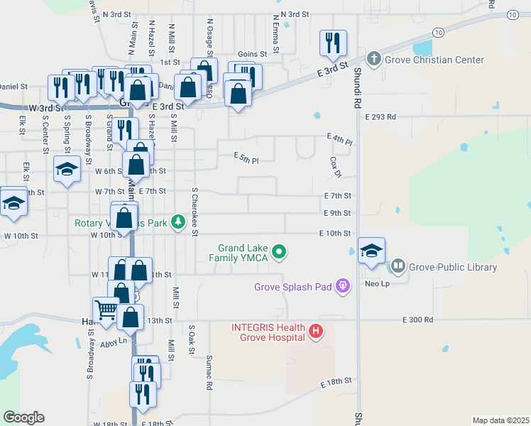 map of restaurants, bars, coffee shops, grocery stores, and more near 604 East 9th Street in Grove